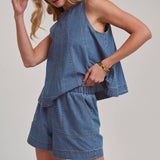 SLEEVELESS DENIM TOP AND MATCHING SHORTS SET