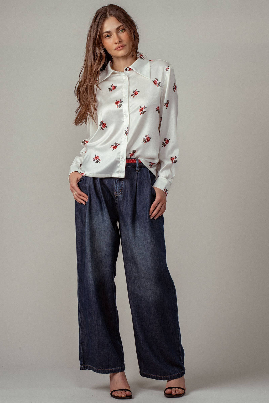 Pleated Wide-Leg Denim Pants