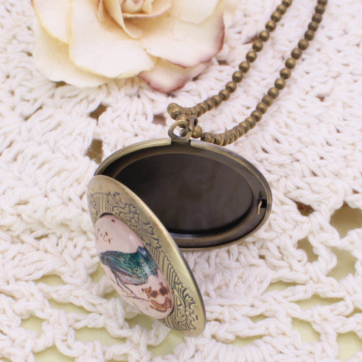 Vintage Bird Print Gold Locket Necklace