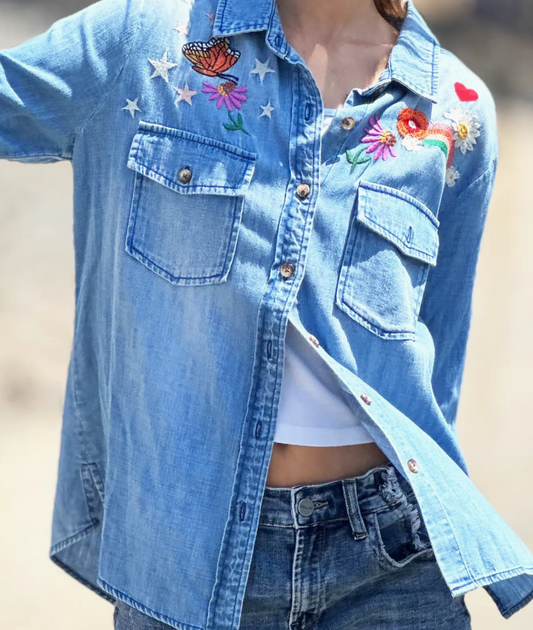 Rainbow Embroidered Denim Shirt