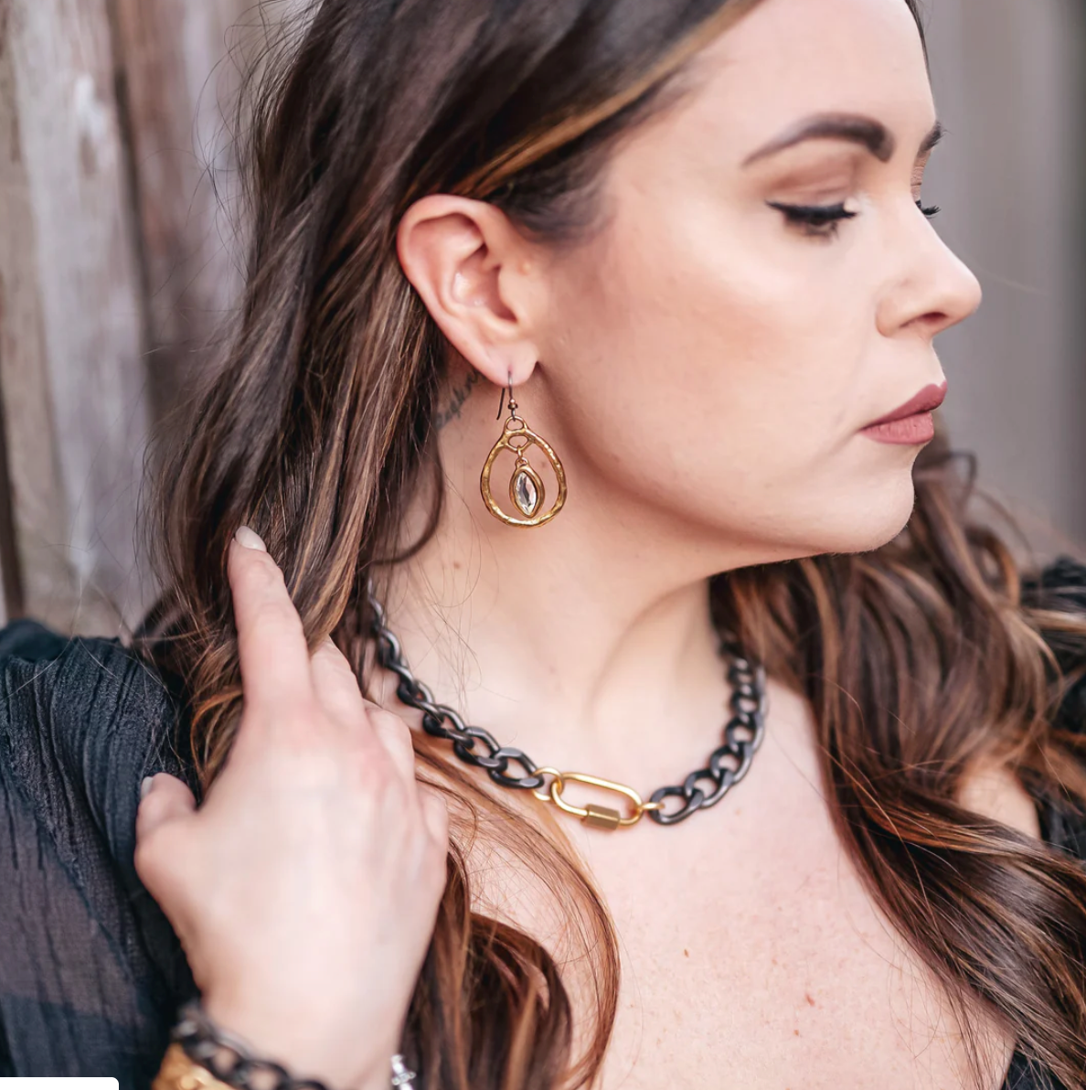 Chunky Matte Gunmetal Necklace with Gold Carabiner