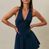 HALTER NECK SEAM DETAIL DENIM MINI DRESS