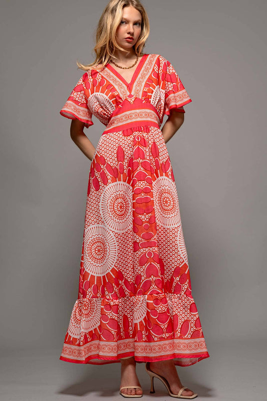 Sunburst Medallion Print Empire Waist Flutter Dress