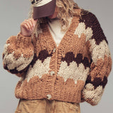 Chevron Chunky Knit Cardigan – Balloon Sleeves, Cropped Fit