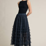 Plaid Mesh Ruffle Maxi Skirt - RS1106