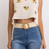 Whipstitch Raffia Belt with Wooden Round Buckle