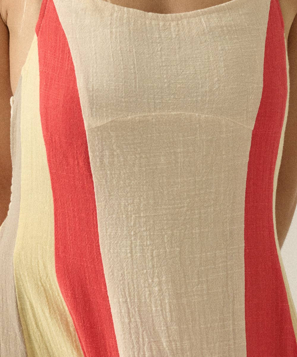 Colorblock Cotton Gauze Open-Back Halter Pocket Maxi Dress