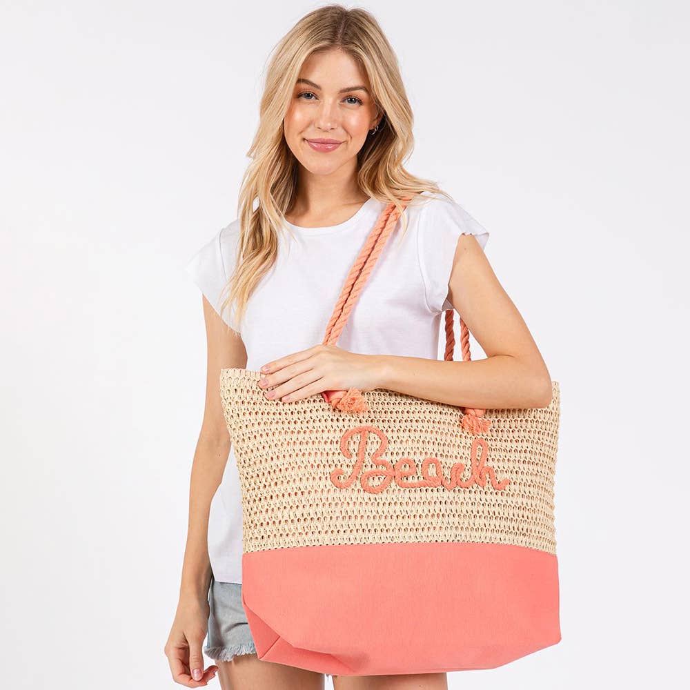 "Beach" Embroidered Crochet Tote Bag