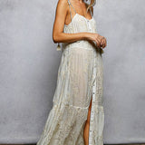 Sleeveless Round Neck Tassel Shoulder Tie Woven Maxi Dress