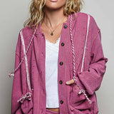Vintage Washing Solid Laser Cut Thermal Knit Hoodies Top