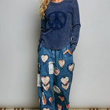 Vintage Washing Solid Peace Stud Outseam Thermal Knit Top