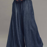 Ultra-Wide Leg Elastic Waist Denim Pants