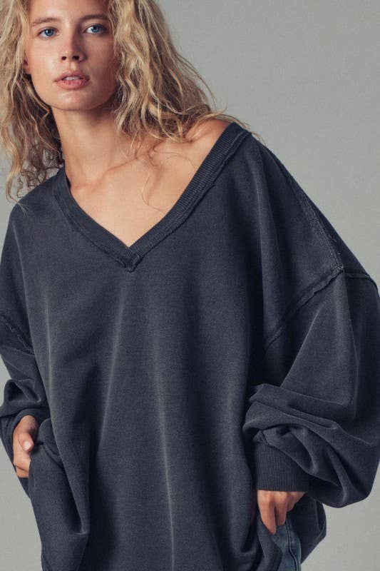 Raw Edge V-Neck Oversized Sweatshirt