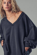 Raw Edge V-Neck Oversized Sweatshirt