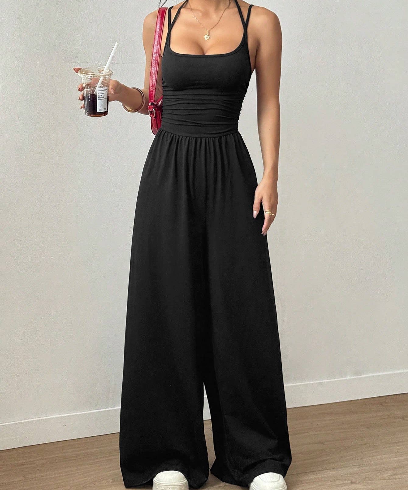 Cross Strap Halter Neck Backless Wide-Leg Jumpsuit