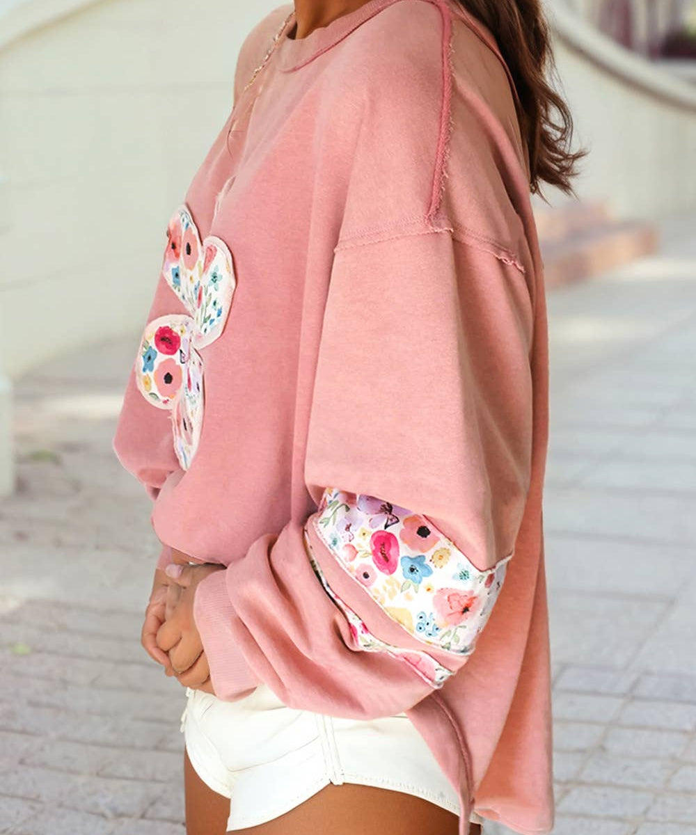 Flower Applique Patchwork Sweatshirt