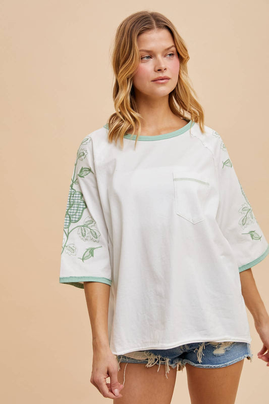 Cotton Embroidered Applique Ringer Tee