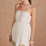 Embroidered Palm & Floral Scalloped Midi Dress