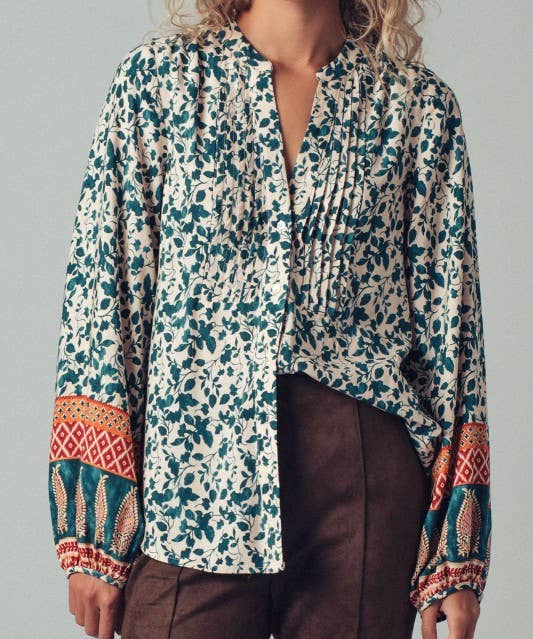 Floral Mix Print Pintuck Blouse