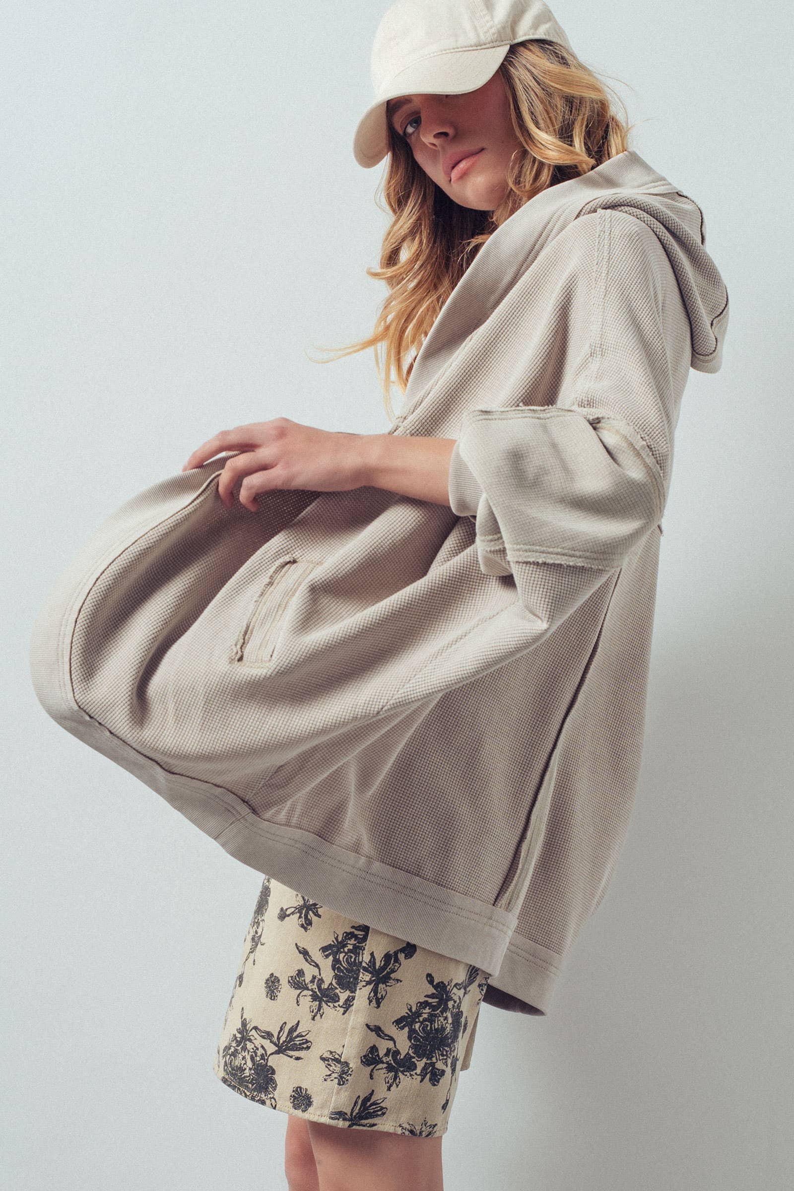 Washed Waffle Knit Hooded Cardigan