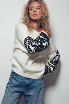 Embroidered Sleeve Ivory Knit Sweater