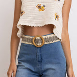 Whipstitch Raffia Belt with Wooden Round Buckle