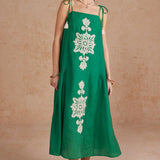 Floral Embroidered Sleeveless Tassel Tie Strap Midi Dress