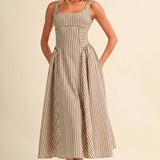 ID10390 STRIPED JUMBO BACK BUCKLE PIPING DETAIL MIDI DRESS