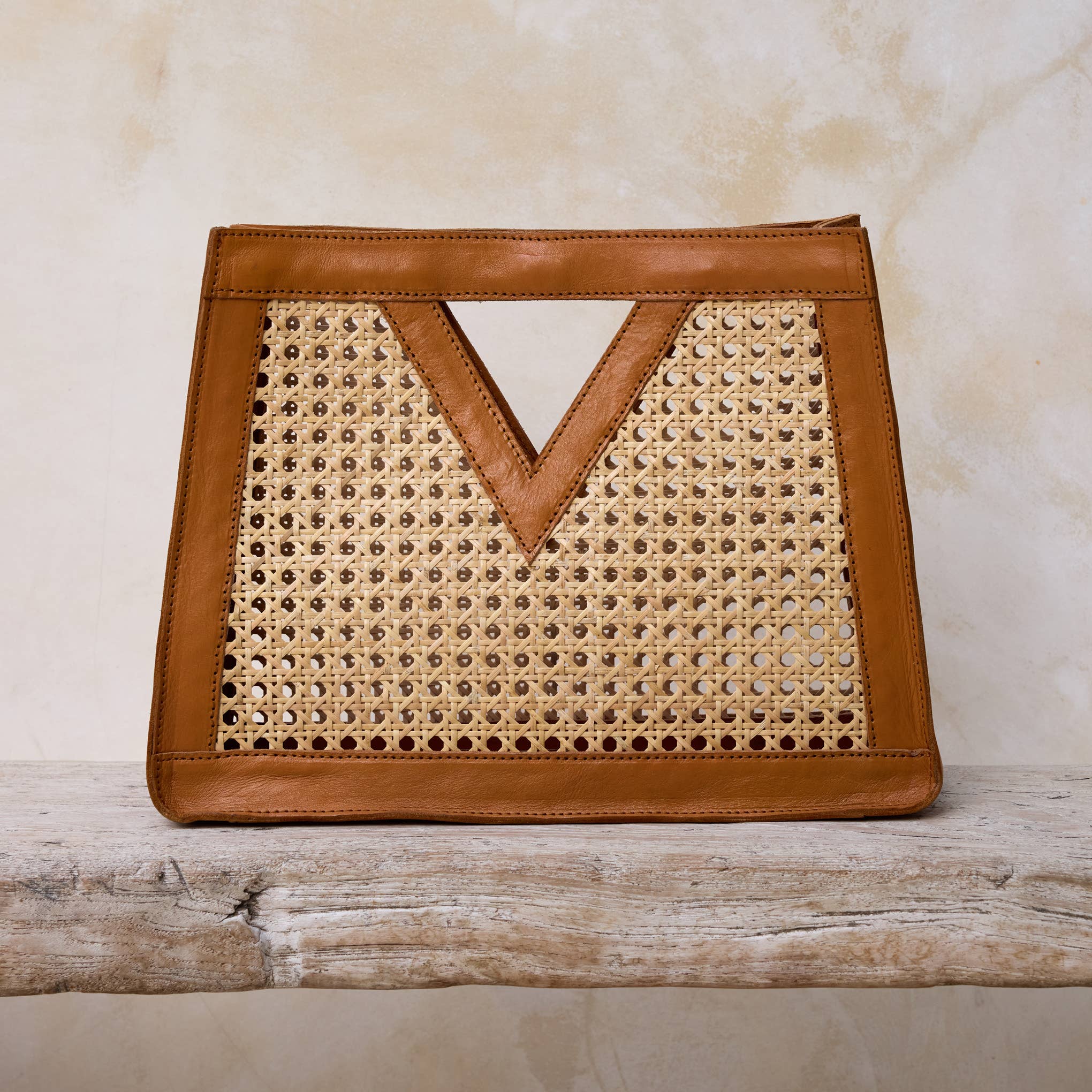 Brown Cane Weave Rattan Triangle Handbag