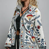 Embroidered Band Collar Knotted Button Woven Jacket
