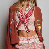 Multicolor Floral Embroidery PEACE Letter Knit Cardigan