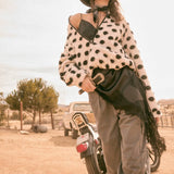 Polka Dot Fleece Crochet-Trim Half-Zip Pullover Jacket