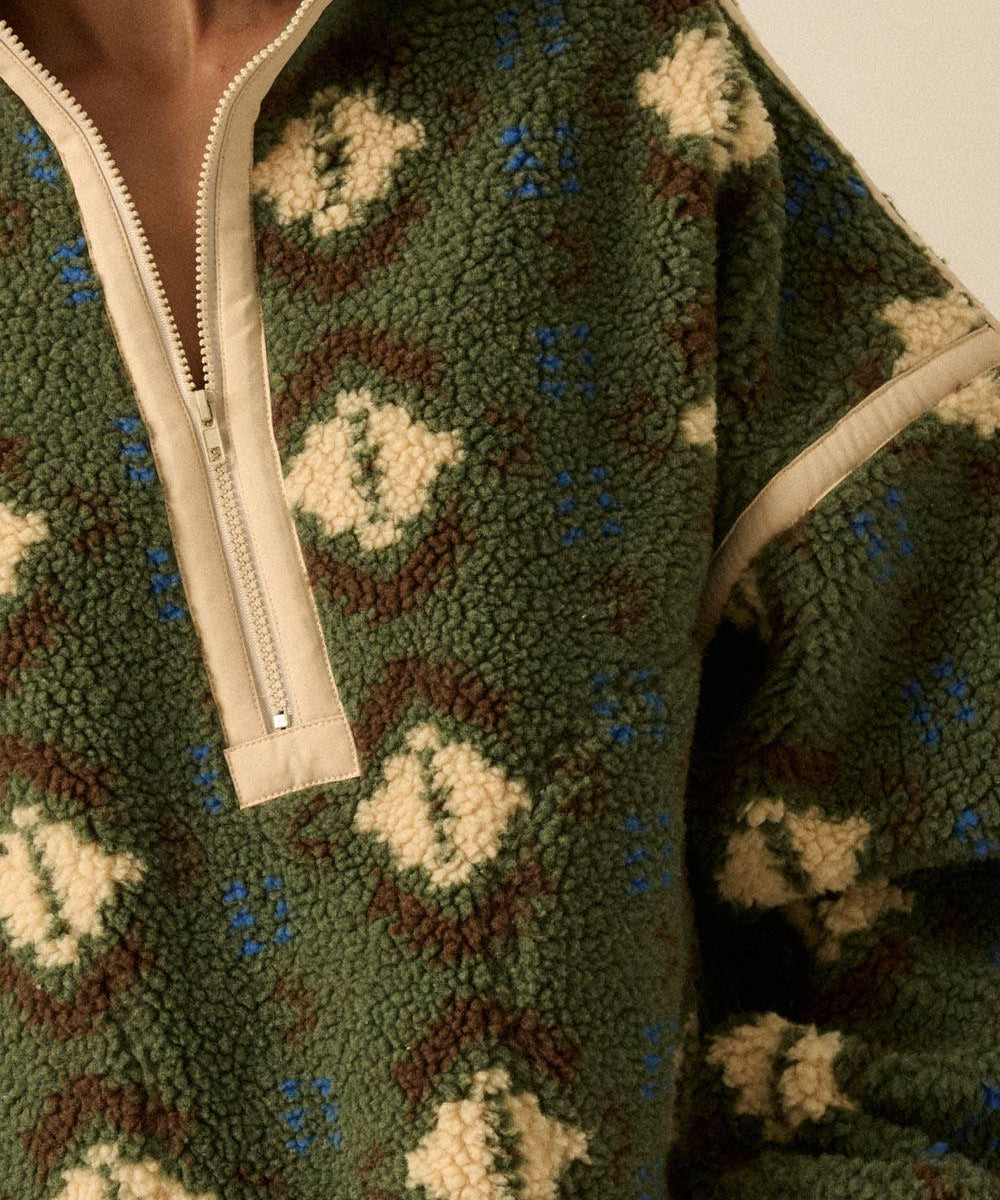 Geo-Print Sherpa Fleece Half-Zip Pullover Jacket
