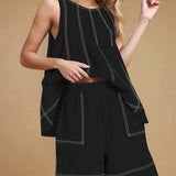 Casual Summer Contrast Stitch Tank Top And Shorts Set