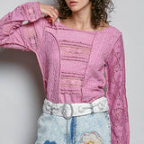Long Sleeve Round Neck Lace Texture Knit Slim Fit Top