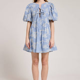Palm Print Puff Sleeve Tie Front Mini Dress