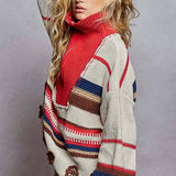 High Collar Half Zipper Ethnic Color Block Pullover Sweater