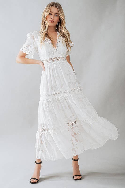 Lace Trim Tiered Deep V-Neck Maxi Dress