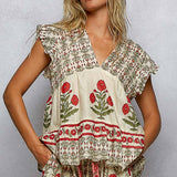 V-Neck Floral Pattern Ruffle Sleeve Top