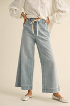 Washed Denim Pants with Tie Front