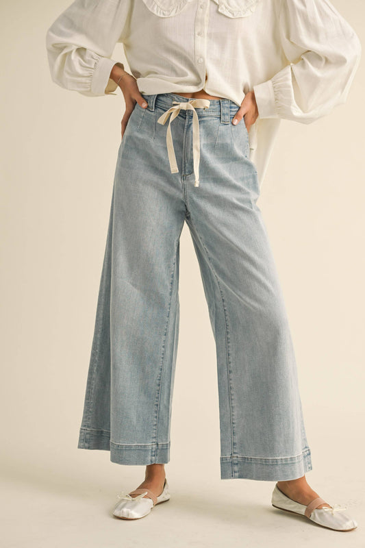 Washed Denim Pants with Tie Front