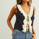J7053   CROCHET KNIT VEST TOP WITH RUFFLE DETAIL