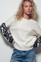 Embroidered Sleeve Ivory Knit Sweater