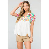 Embroidered Babydoll Tassel Tie Top
