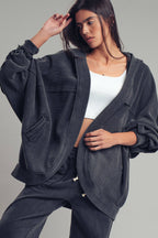 Washed Waffle Knit Hooded Cardigan