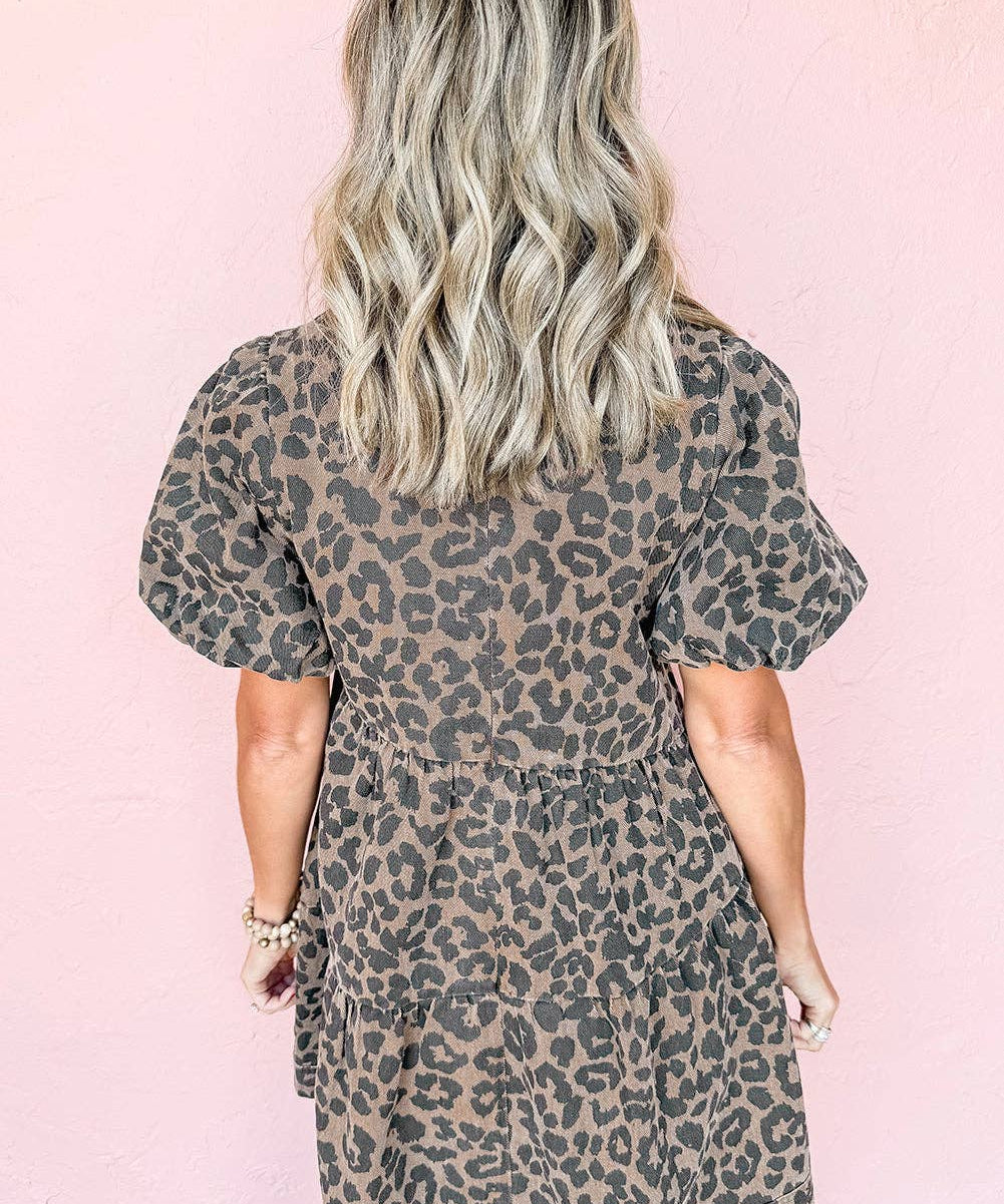 Leopard Print Denim Mini Dress with Pockets