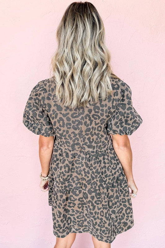 Leopard Print Denim Mini Dress with Pockets