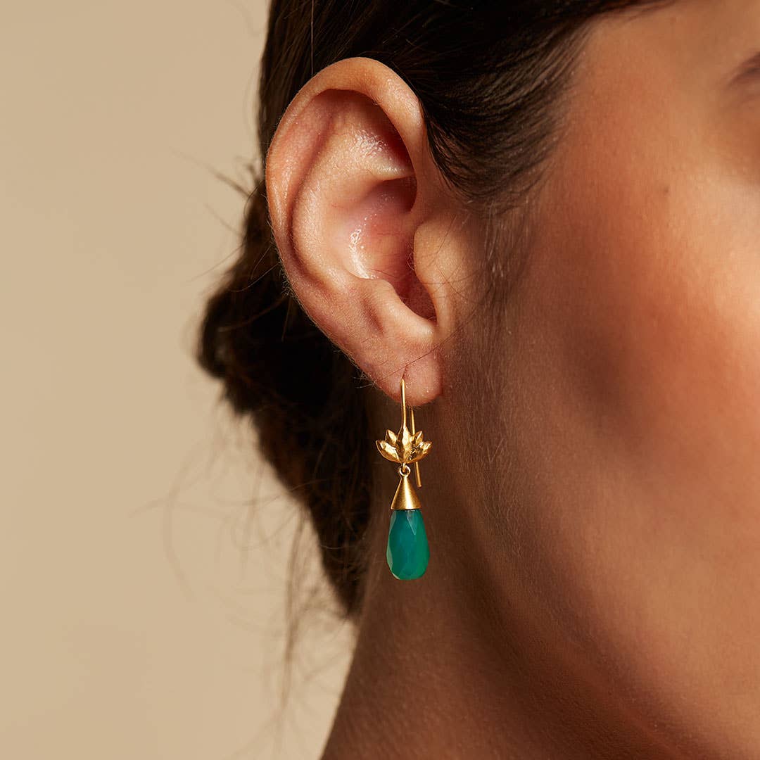 Green Onyx & Lotus Drop Earrings