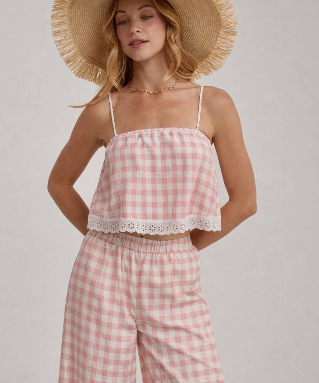 GINGHAM CHECK CROPPED CAMI TOP AND WIDE LEG PANTS SUMMER SET