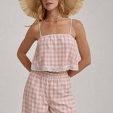 GINGHAM CHECK CROPPED CAMI TOP AND WIDE LEG PANTS SUMMER SET